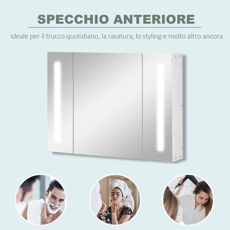 Armadietto Specchiera da Bagno con 3 Armadietti 90x15x65 cm 3 Ripiani e Luce LED Bianco-7