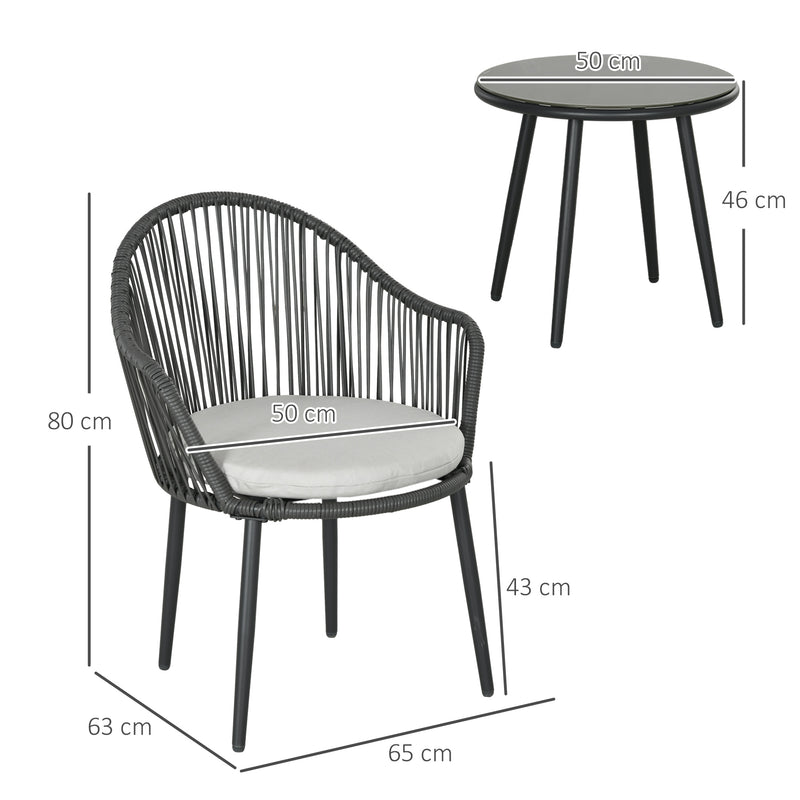 Set Tavolino da Caffè con Piano in Vetro e 2 poltroncine da Giardino in Rattan con Cuscini Grigio-3