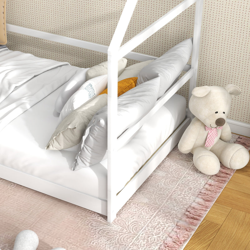 Letto per Bambini con Sponde di Protezione a Forma di Casetta 196x97,5x135 cm Bianco  -9