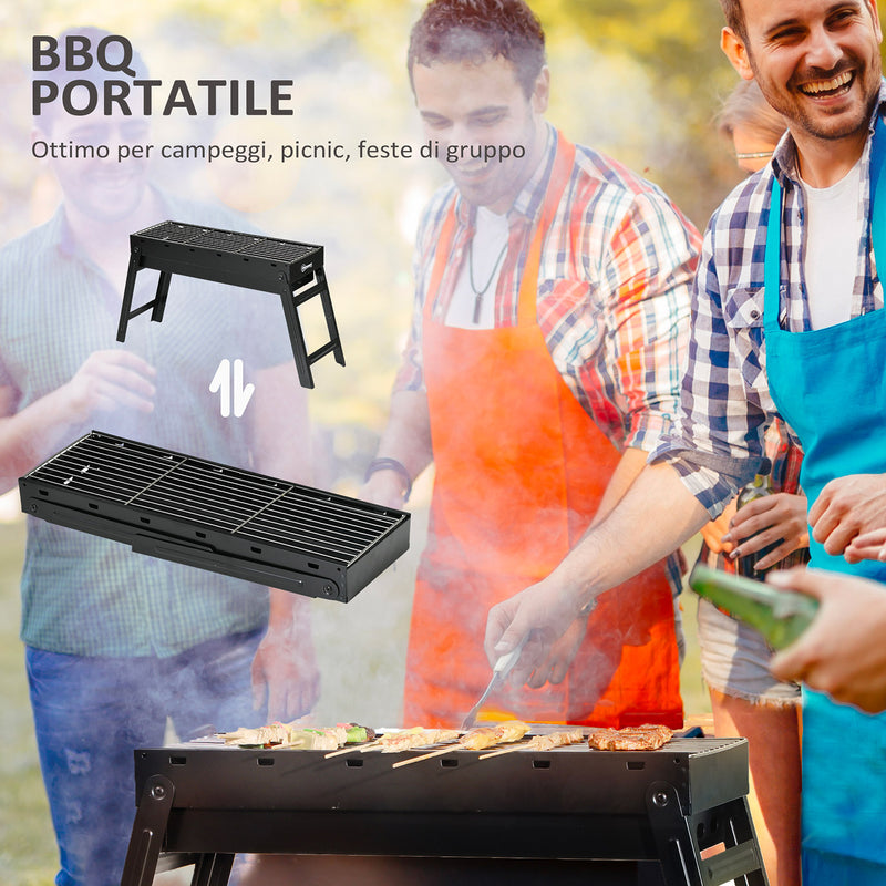 Barbecue a Carbonella Portatile con Gambe Pieghevoli e Vassoio Estraibile 74x20x38 cm in Metallo Nero-4