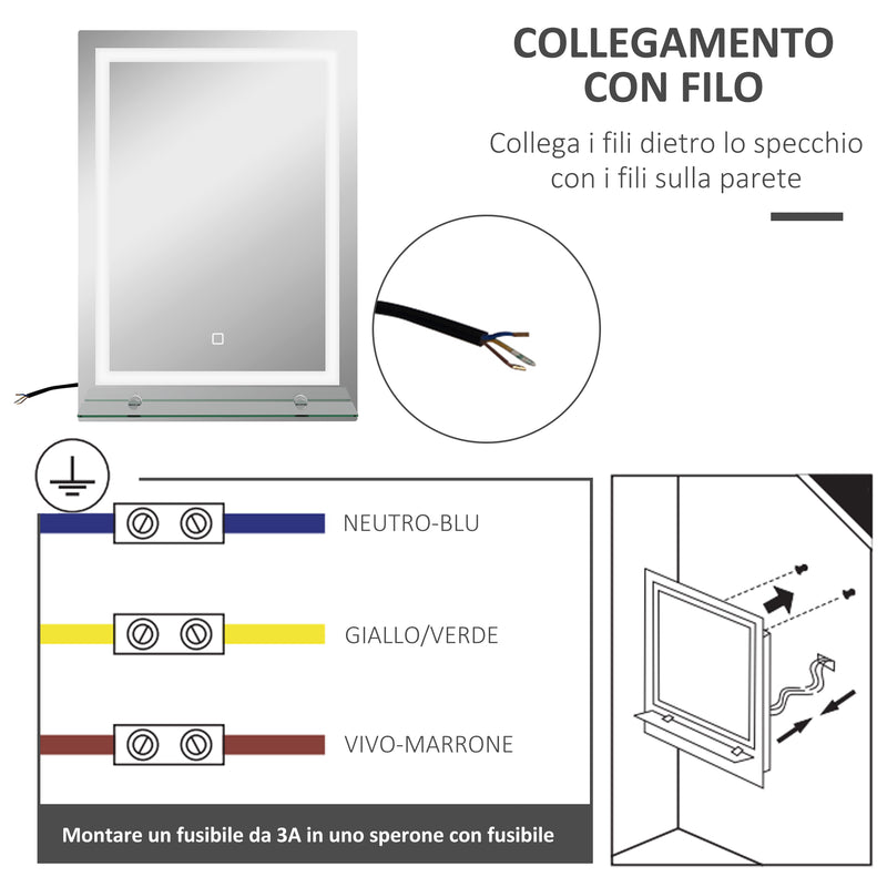 Specchio Bagno a Parete Cornice Luce LED a 3 Colori Mensola in Vetro 50x12x70 cm -6