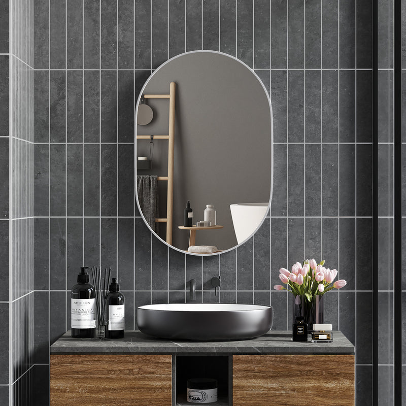 Specchio Bagno Ovale da Parete con Cornice in Alluminio 60x90 cm Verticale o Orizzontale Argento-8