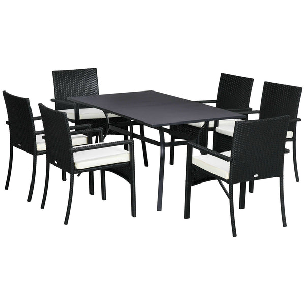 sconto Set Tavolo e 6 Sedie da Giardino con Cuscini in Acciaio Rattan PE Nero e Beige