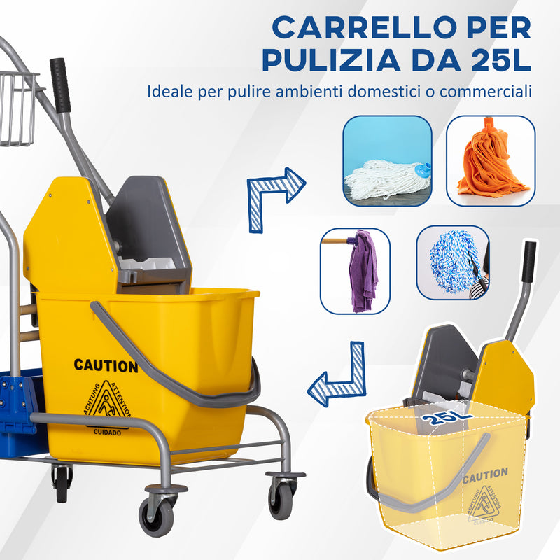 Carrello Pulizie Professionale con Strizzatore Secchio 25L e Ripiano Blu e Giallo -5