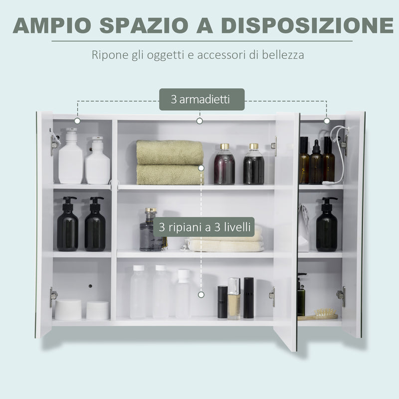 Armadietto Specchiera da Bagno con 3 Armadietti 90x15x65 cm 3 Ripiani e Luce LED Bianco-4