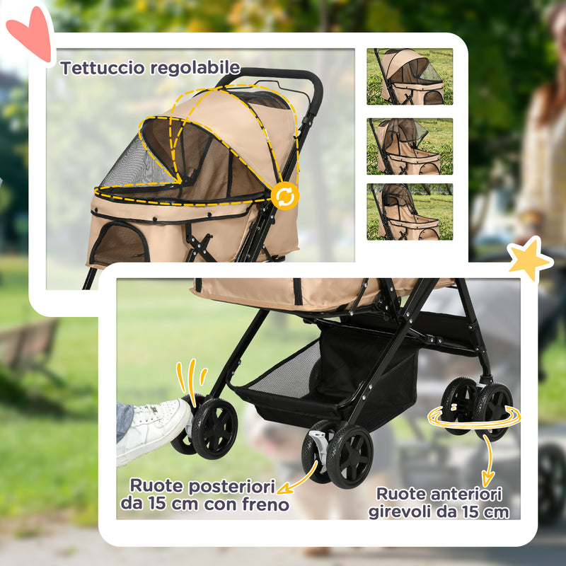 Passeggino per Cani Piccoli Pieghevole Maniglione Reversibile 76,5x52x95cm Marrone Chiaro -6