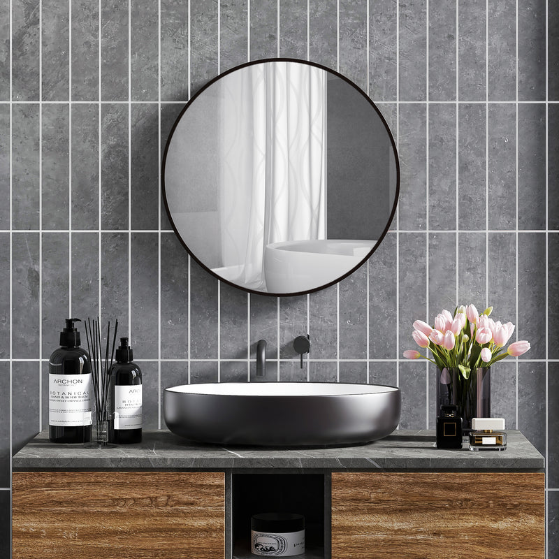 Specchio da Bagno Rotondo Moderno da Parete 70x70 cm con Cornice in Lega di Alluminio Nero-2