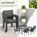 Set Tavolo e 6 Sedie Impilabili da Giardino in Tessuto a Rete e Tavolo Effetto Legno Grigio-4