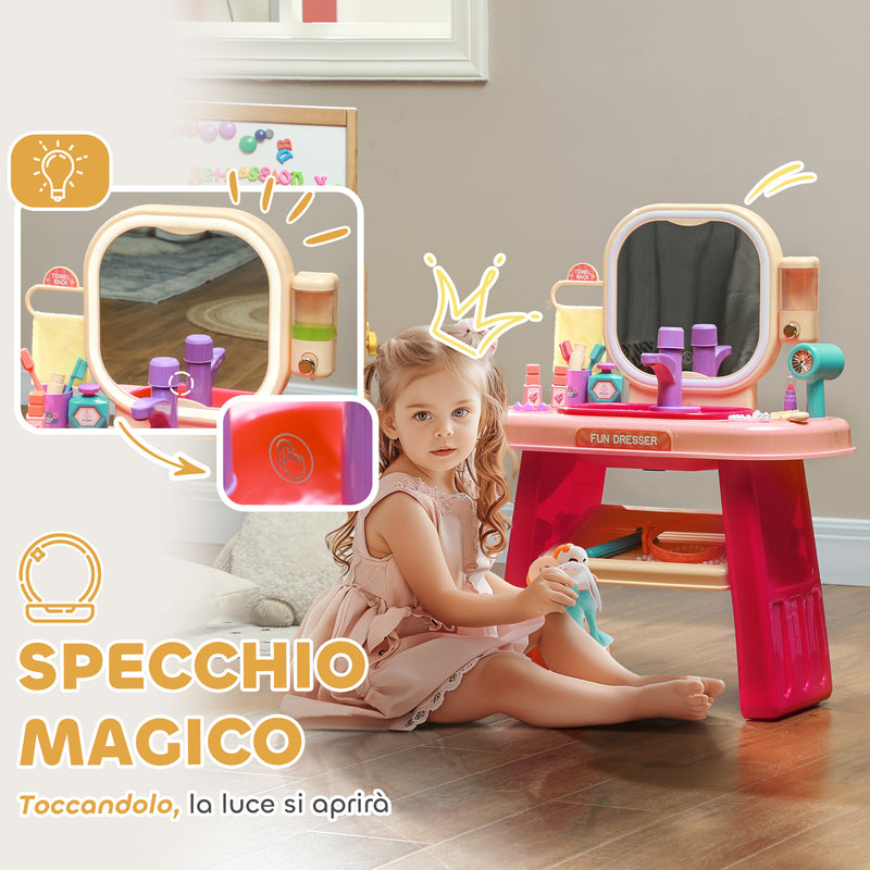 Specchiera Giocattolo per Bambini Tavolo Toeletta con Accessori e Rubinetto Rosa  -4