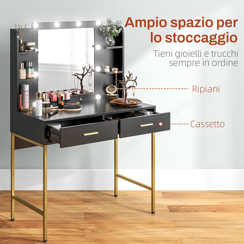 Consolle Trucco 2 Cassetti 6 Ripiani e Specchio 90x45x132,5 cm in Legno e Acciaio Nero  -5