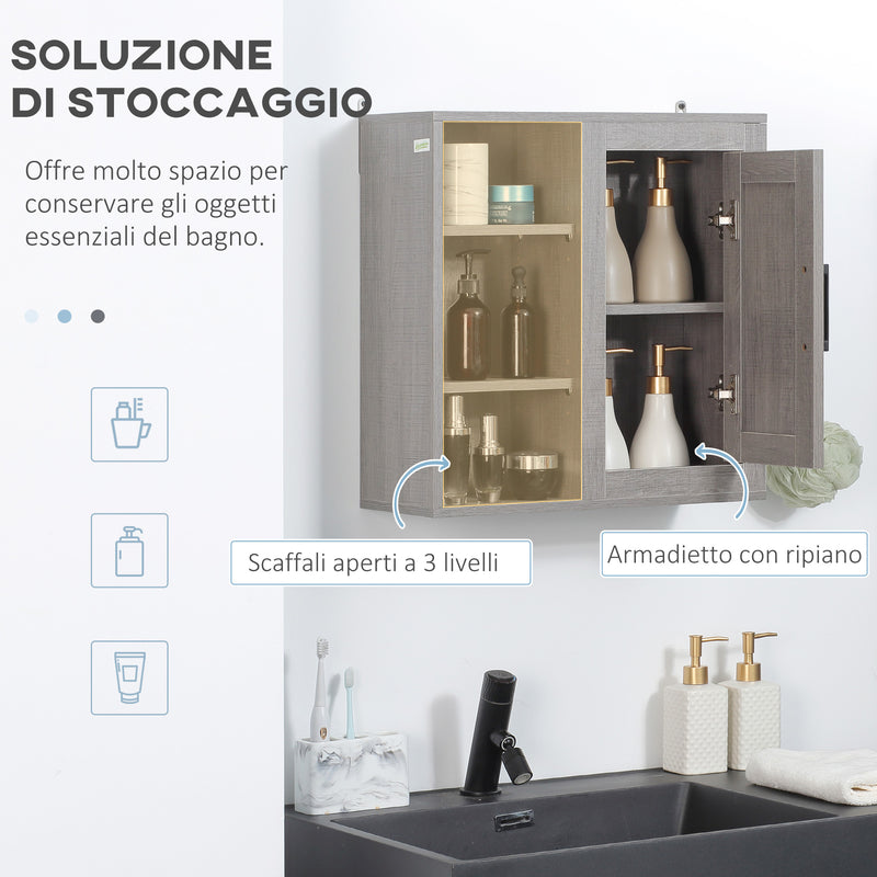 Pensile Bagno con 3 Ripiani Aperti e Armadietto 48x20x50 cm in Legno Truciolare Grigio-5