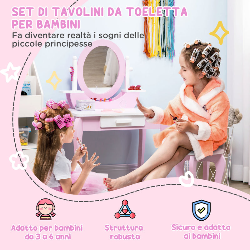 Specchiera Giocattolo per Bambine Tavolo Trucco con Specchio e Sgabello Rosa  -4