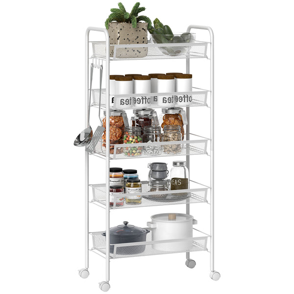 Carrello da Cucina Salvaspazio 5 Livelli con Cestini a Rete in Acciaio 45x26,5x106 cm Bianco sconto