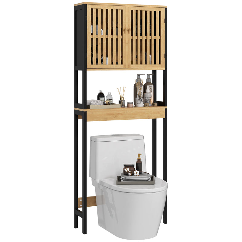 Mobile Sopra WC con Armadietto 2 Ante a Doghe e Ripiano Aperto 60x21,5x172 cm in Bambù e MDF Legno Naturale e Nero-9