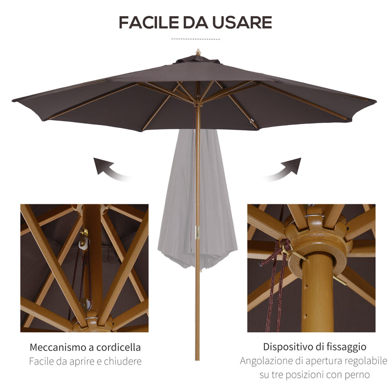 Ombrellone da Giardino Ø300x250 cm in Legno e Poliestere Caffè-4