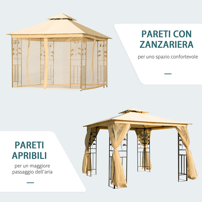 Gazebo da Giardino di Lusso 3x3m in Metallo con Zanzariera Panna -6