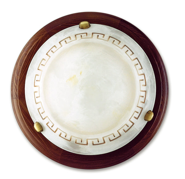 Plafonnier rond grec classique, cadre en bois, verre, marbre, intérieur ambre, E27 acquista