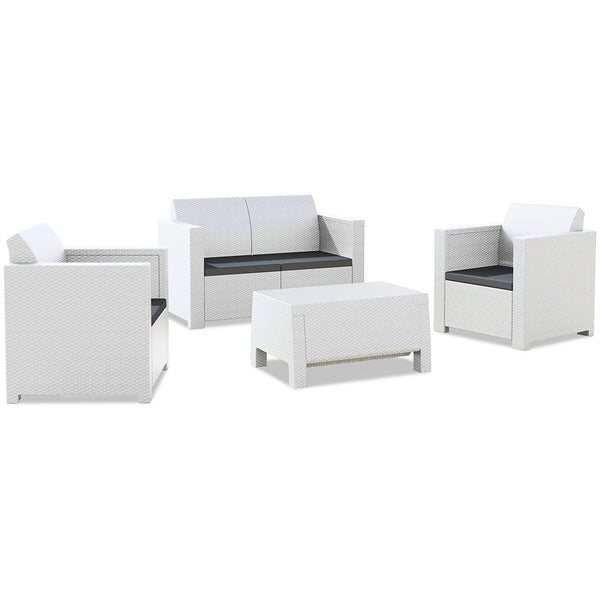 acquista Ensemble de canapé de salon avec fauteuils et table basse en résine antichoc pour mobilier de jardin de couleur blanche