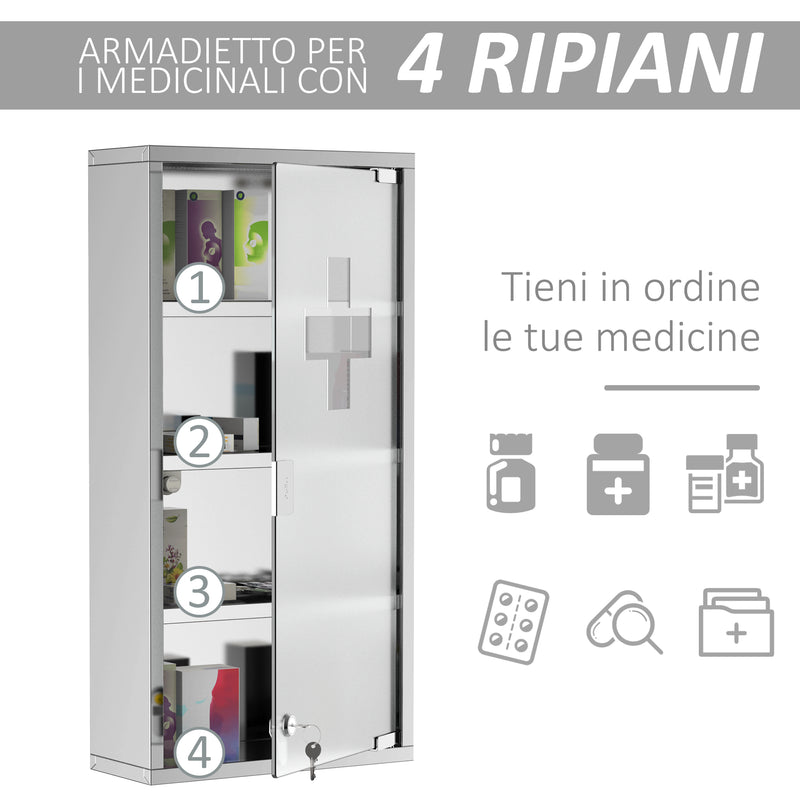 Armadietto per Medicinali Quattro Ripiani in Acciaio Inox 30x12x60 cm -5