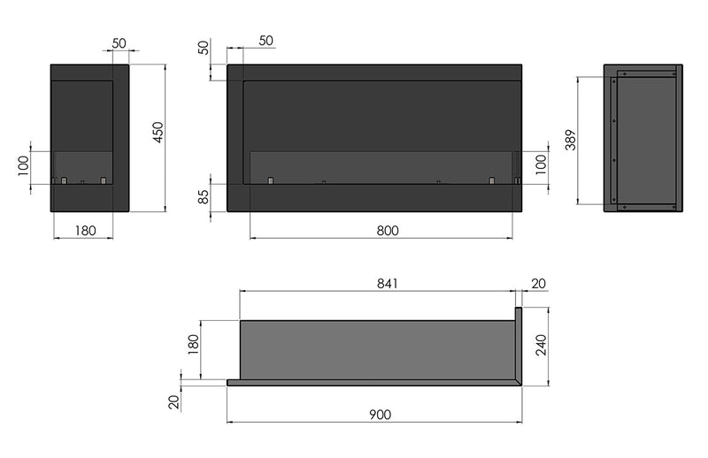 Camino a Bioetanolo da Incasso 90x45 cm Corner 900 Left Nero con Vetro-5