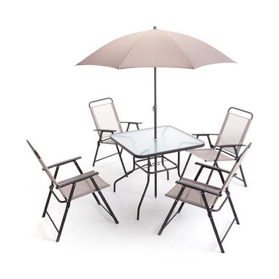 online Ensemble de jardin en fer et textilène avec table, parasol et 4 chaises pliantes Taddei Savona