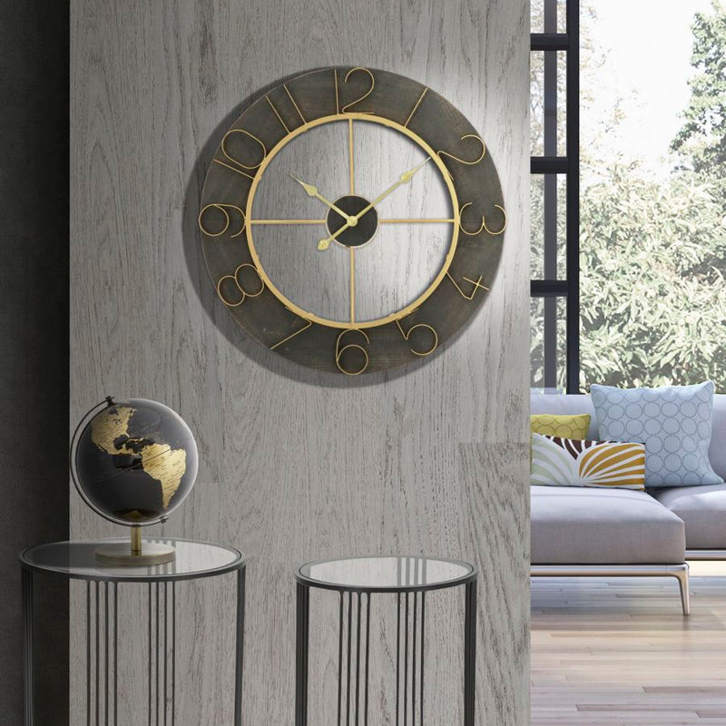 Orologio da Muro Dark Glam Ø70x5 cm in Ferro e MDF Nero e Oro-6