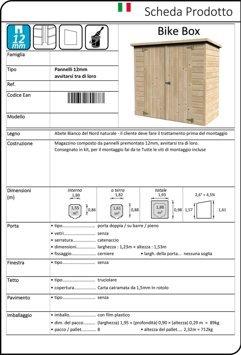 Casetta Box da Giardino per Bici e Secchi Differenziata 1,93x0,98m Senza Pavimento in Legno Abete 12mm Bike Box-6