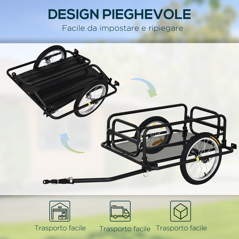 Carrello Bici con Pareti Pieghevoli e Rimovibili Gancio e 4 Catarifrangenti 139x71,5x49 cm in Acciaio e PE Nero-5