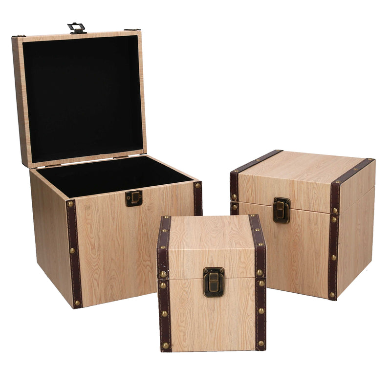 Set 3 Scatole in Similpelle effetto in legno quadro -2