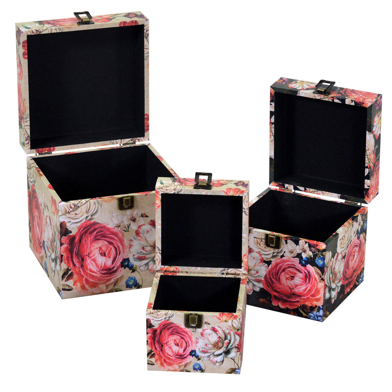 Set 3 Scatole in Similpelle fiori crema quadro-2