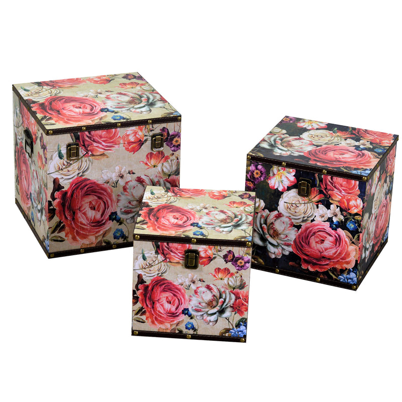 Set 3 Scatole in Similpelle fiori crema quadro-1