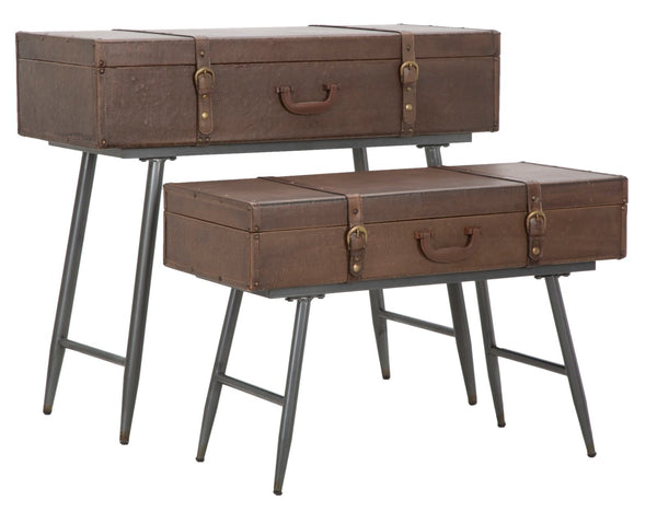 sconto Console Travel Couple avec Container 90x40x78,5-80x35x53,5 cm Bois et Fer et PU Marron