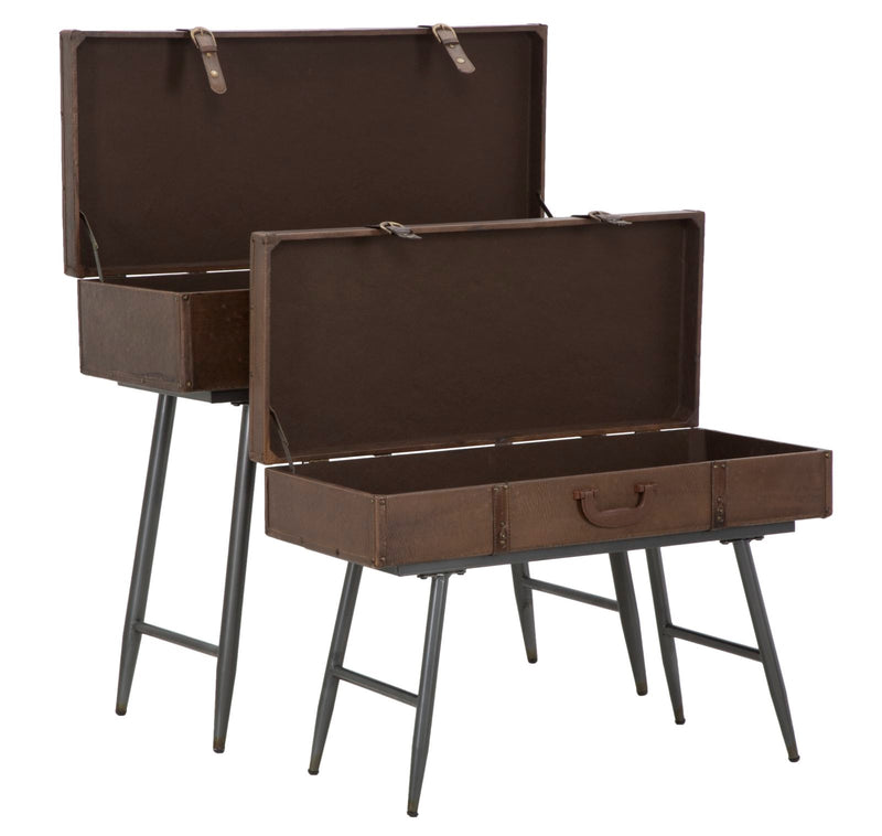 Console Travel Coppia con Contenitore 90x40x78,5-80x35x53,5 cm Legno e Ferro e PU Marrone-6