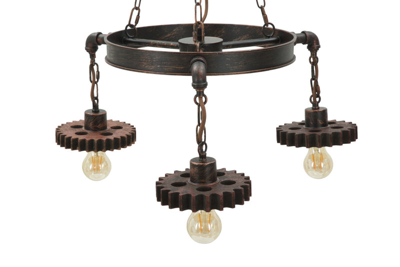 Lampadario Ingranaggio 3 Luci Ø54x104 cm in Ferro e Legno Nero e Rame-3