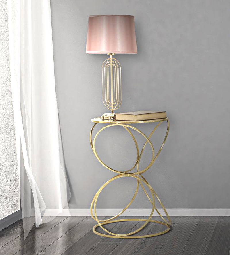 Lampada da Tavolo Krista Ø28x55 cm in Ferro PVC e Tessuto Oro e Rosa-5