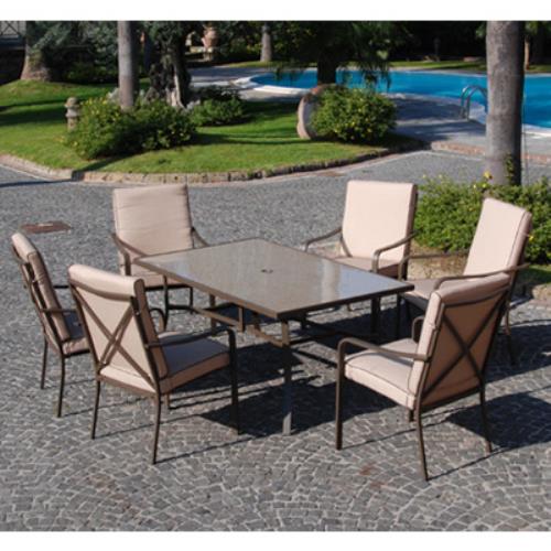 acquista Salon complet avec 6 chaises, fauteuils et table en verre pour salon de jardin extérieur 