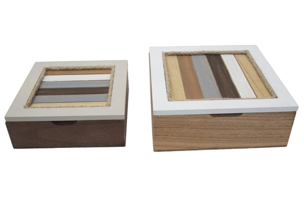 Boîte Couple Lignes 19x19x7 - 16x16x5,5 cm en MDF Blanc, Marron et Gris prezzo