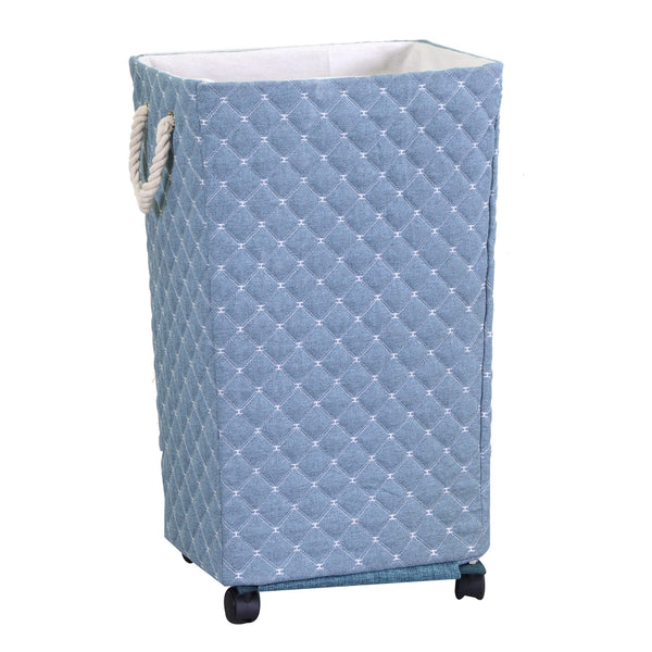 sconto Panier à linge rectangulaire en tissu bleu clair avec roulettes 40x30xh70 cm