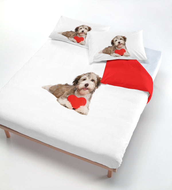 sconto Housse de couette avec impression sur le sac et taies d'oreiller chien coeur rouge