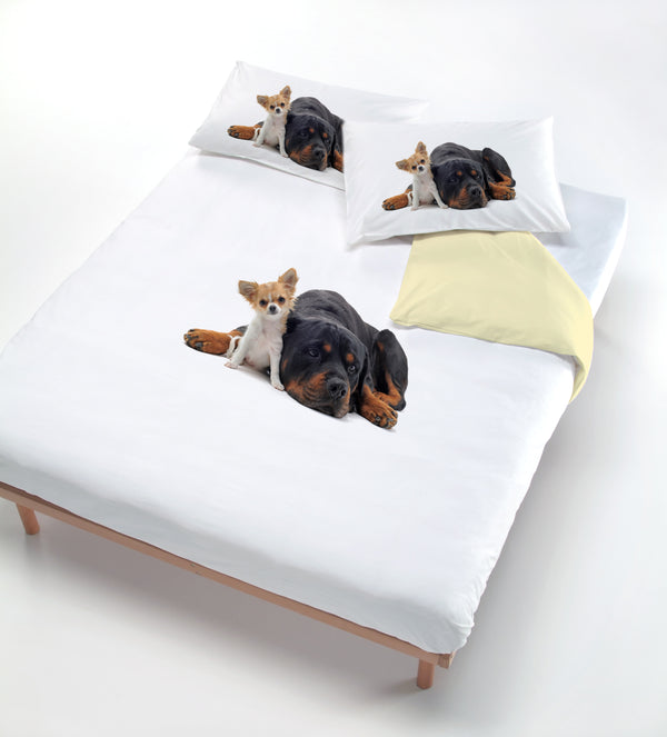 sconto Housse de couette avec imprimé sur le sac et deux taies d'oreiller chien crème