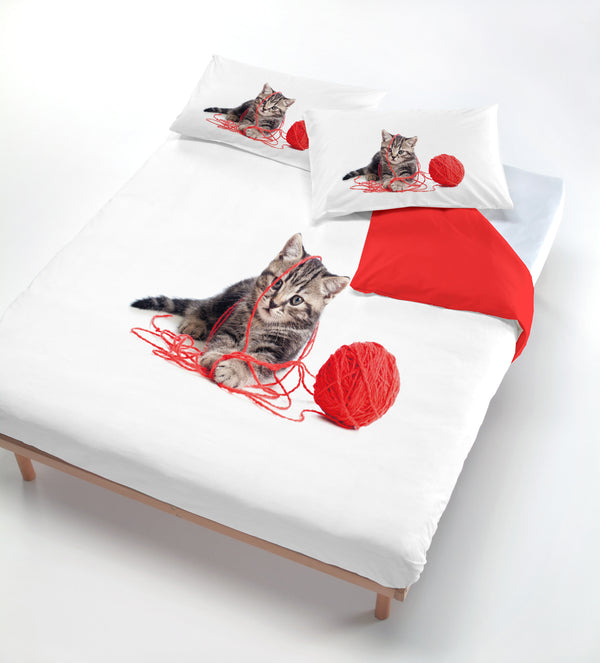 sconto Housse de couette avec impression sur le sac et taies d'oreiller Red Ball Cat