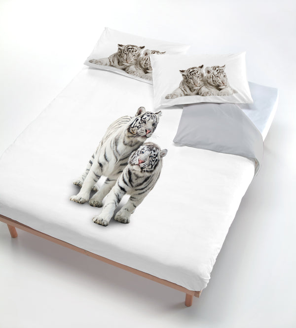 sconto Housse de couette avec imprimé sur le sac et taies d'oreiller tigres gris