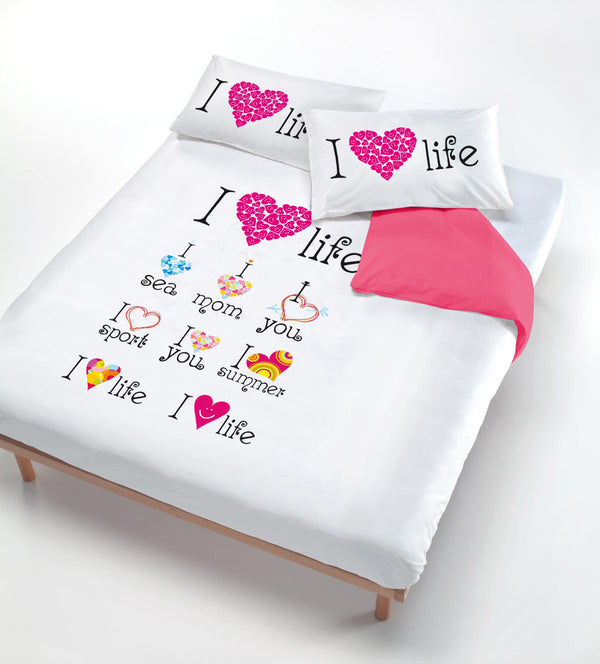 Housse de couette avec imprimé sur le sac et taies d'oreiller I Love Life sconto