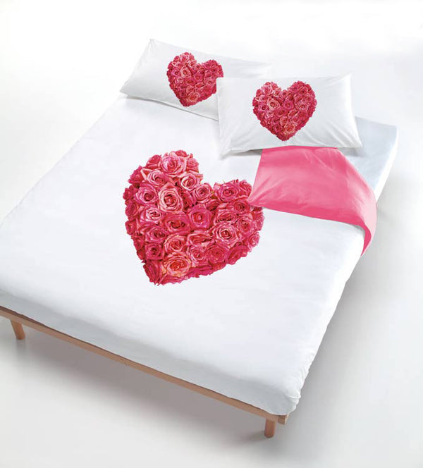 Housse de couette avec imprimé sur le sac et taies d'oreiller coeur de roses prezzo