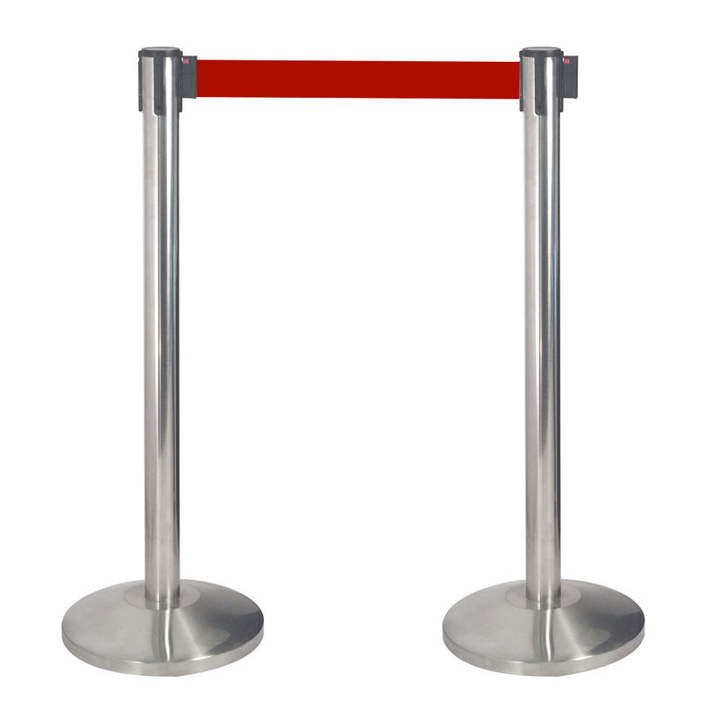 2 Colonnine Tendinastro 3 metri in Acciaio Inox Spazzolato Ø36x101 cm Nastro Rosso-1