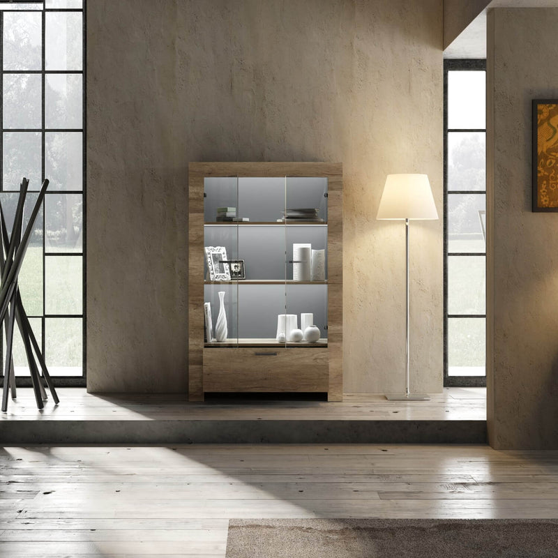 Credenza Mobile Soggiorno con Vetrina 2 Ante in Melaminico 102x43x158cm TFT Sax Rovere-2