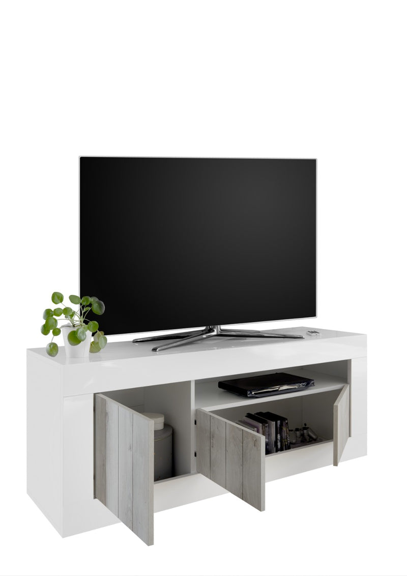 Mobile Porta TV 3 Ante 138x42x56 cm in Legno TFT Lipari Bianco e Pino-2