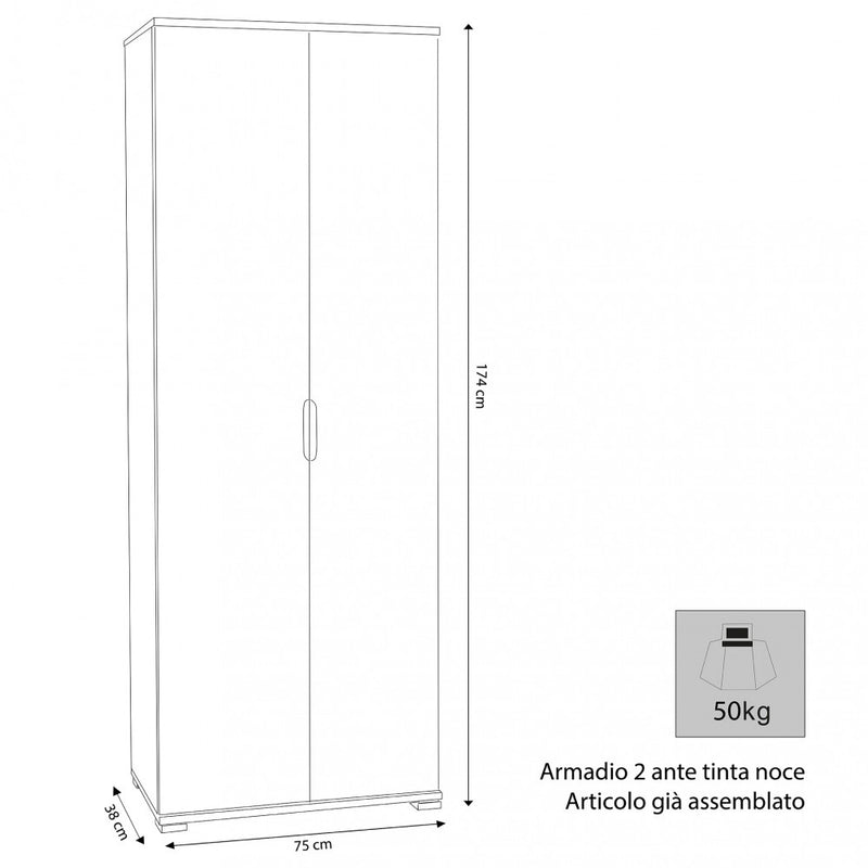 Armadio 2 Ante 75x38x174 h cm in Truciolare bilaminato Rovere grigio-3