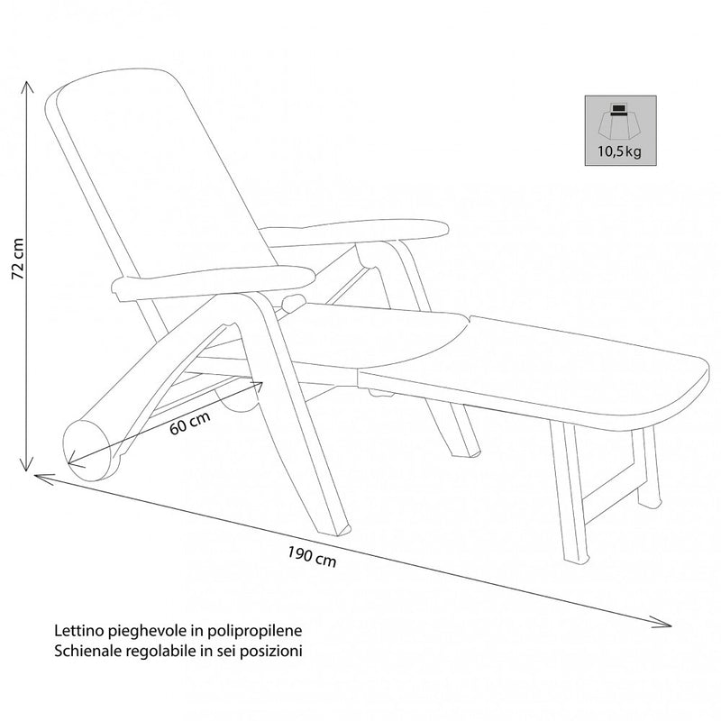 Lettino Prendisole da Giardino Cancun con Ruote 72x190x60 h cm in Plastica Bianco-3