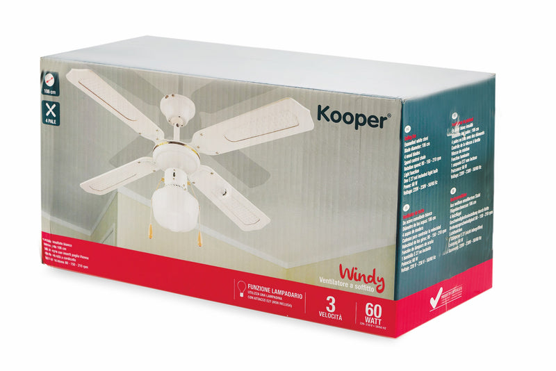 Ventilatore da Soffitto con 4 Pale e Lampada Ø106cm 3 Velocità  Kooper Windy Bianco-3